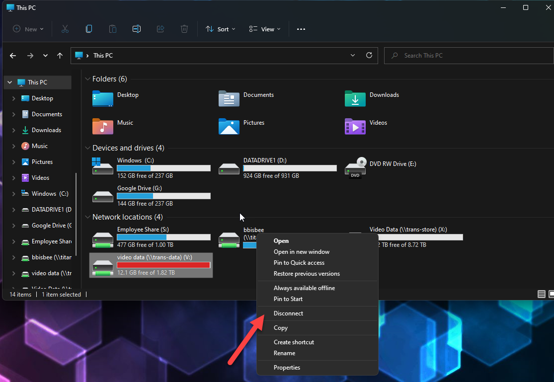 Windows Explorer Window showing Network Drives and the disconnect menu