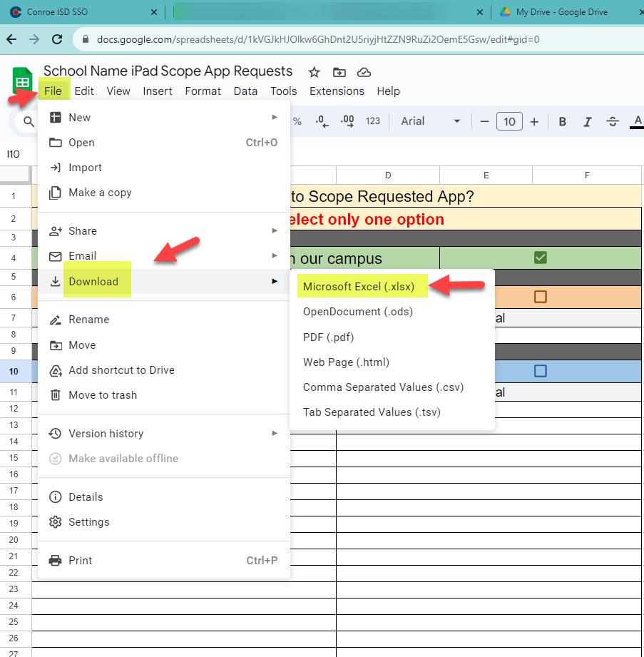 Download iPad Scope App Request form as Excel File Screen