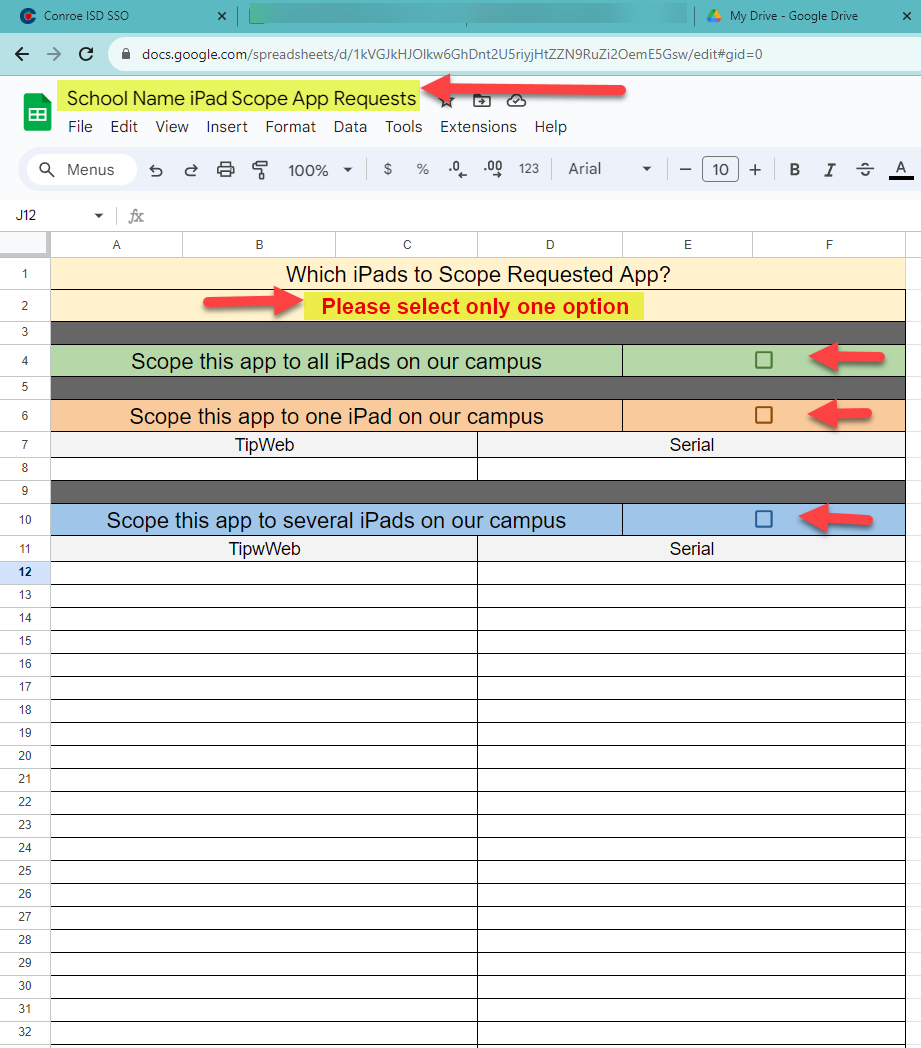 iPad Scope Request App Google Sheet Example Form