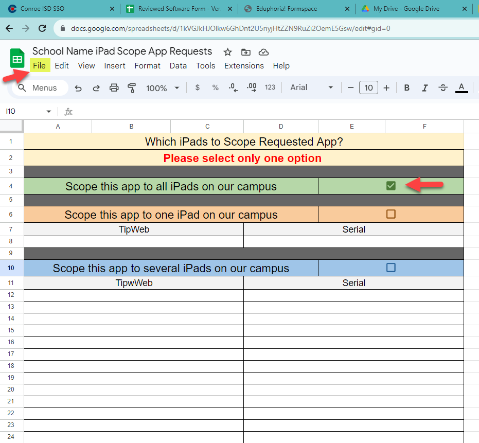 iPad Scope Request App Google Sheet Example Form