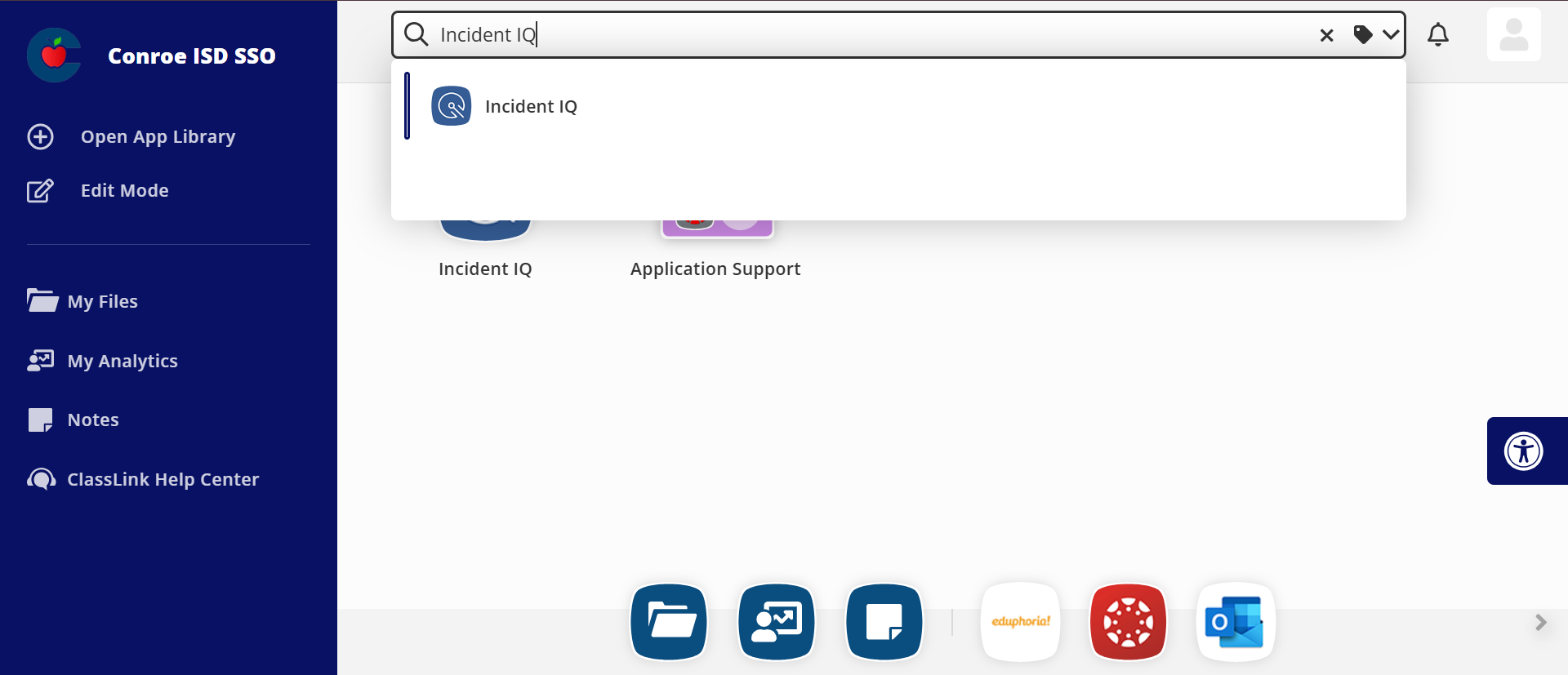 conroe isd sso portal with search for incident iq and app icons