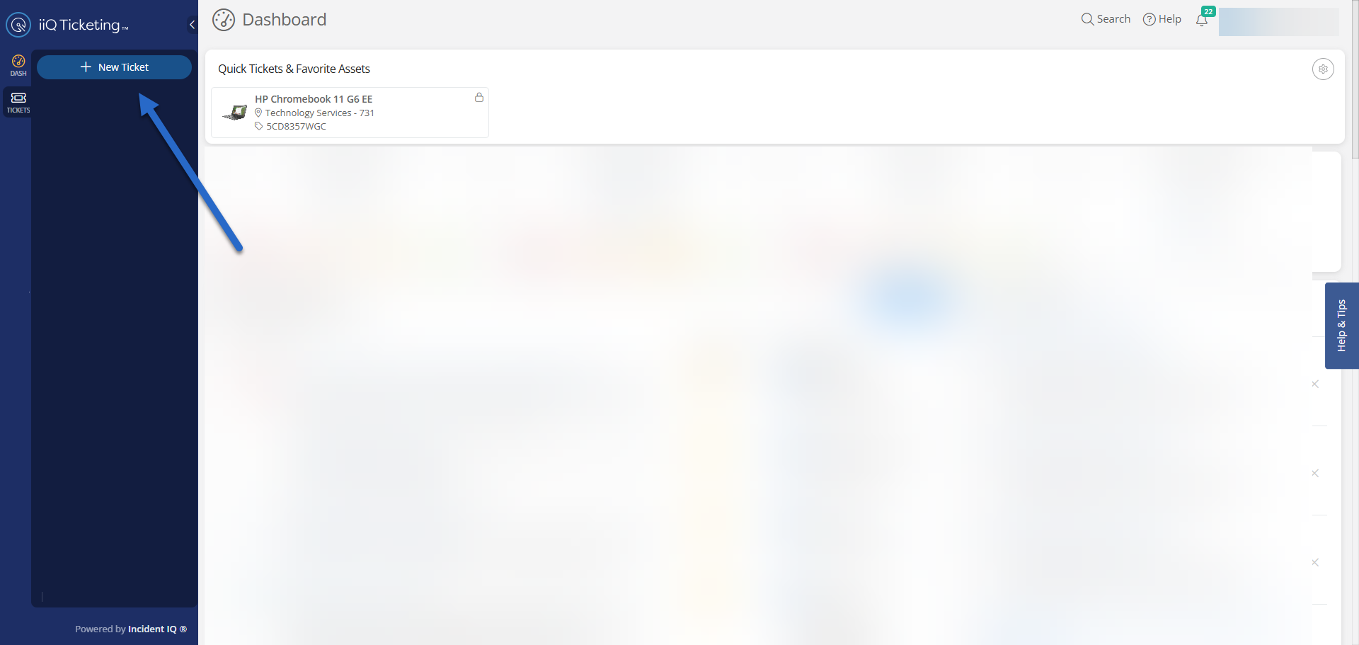 dashboard with new ticket button highlighted by arrow