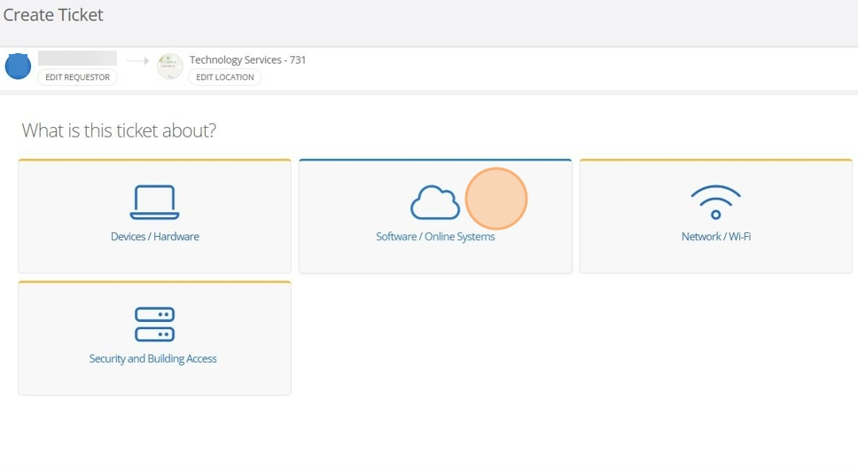 icket category selection screen showing devices hardware software online systems network wifi security and building access