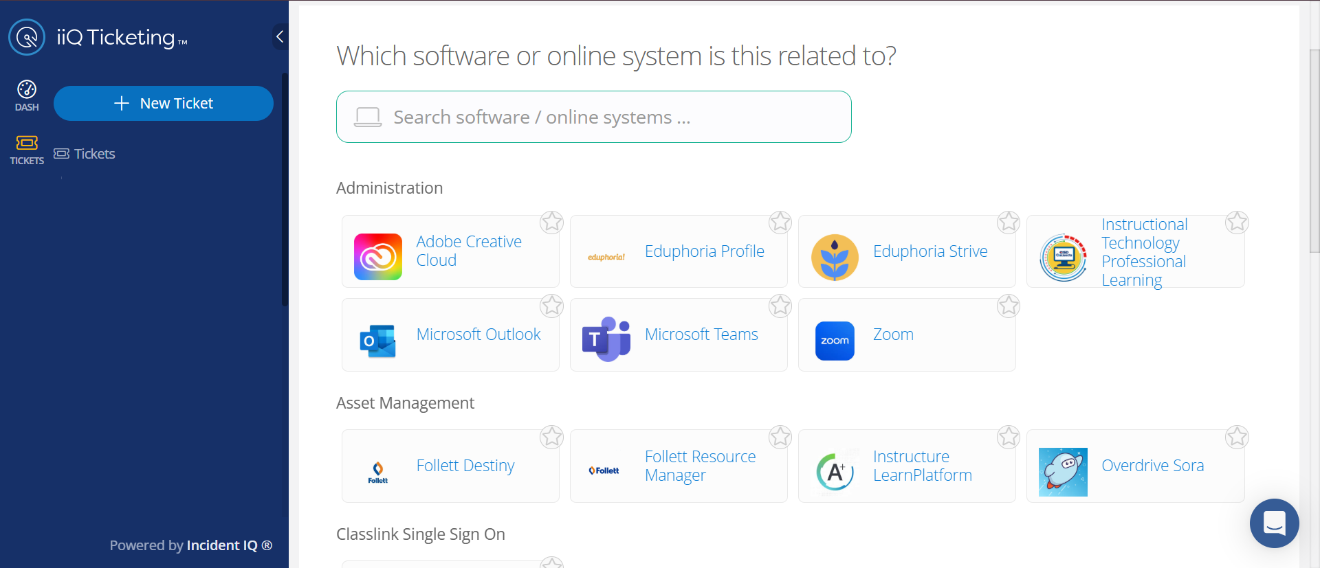 software selection screen with adobe creative cloud eduphoria profile eduphoria strive microsoft outlook microsoft teams zoom follett destiny follett resource manager instructure learnplatform overdrive sora