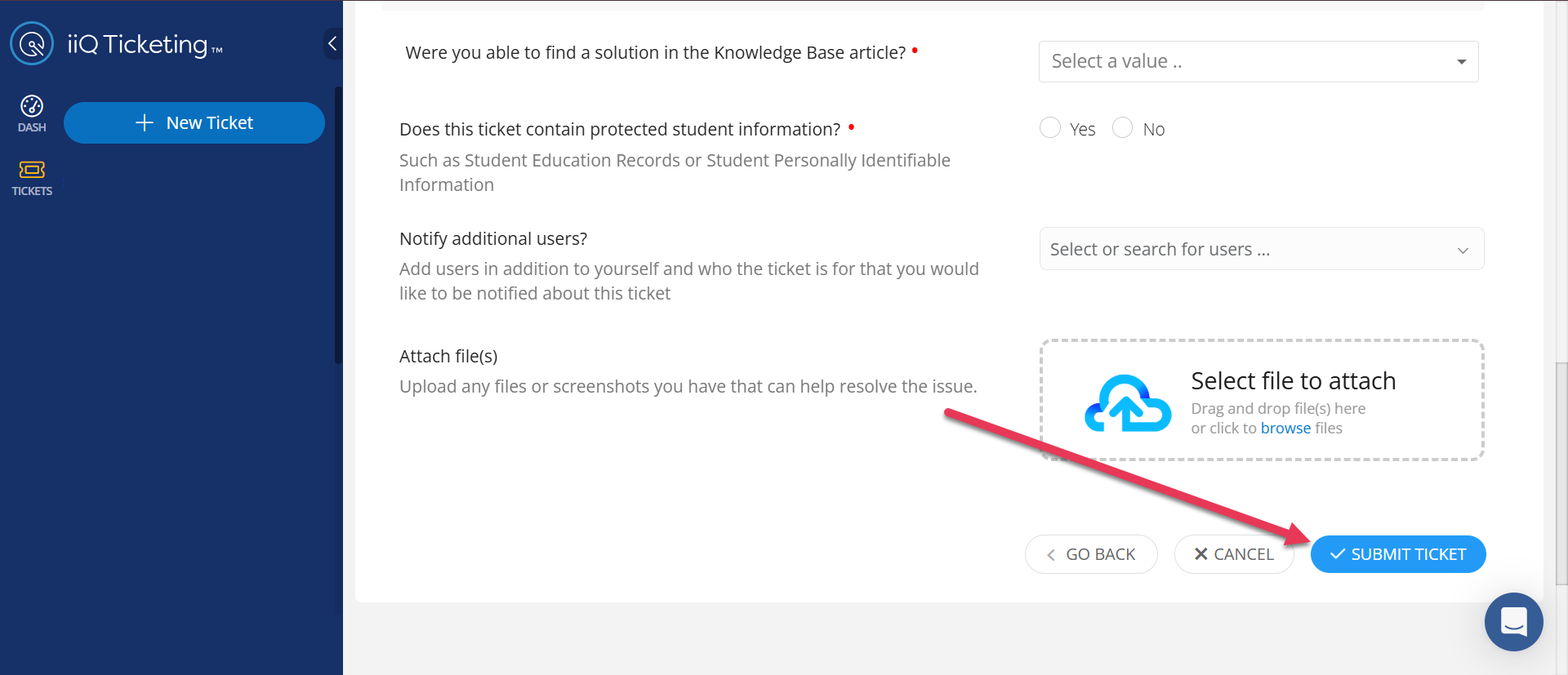 submit ticket button with arrow pointing to it