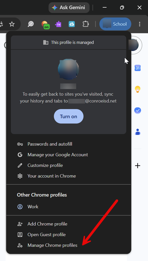 Chrome menu bar with arrow pointing towards manage chrome profiles