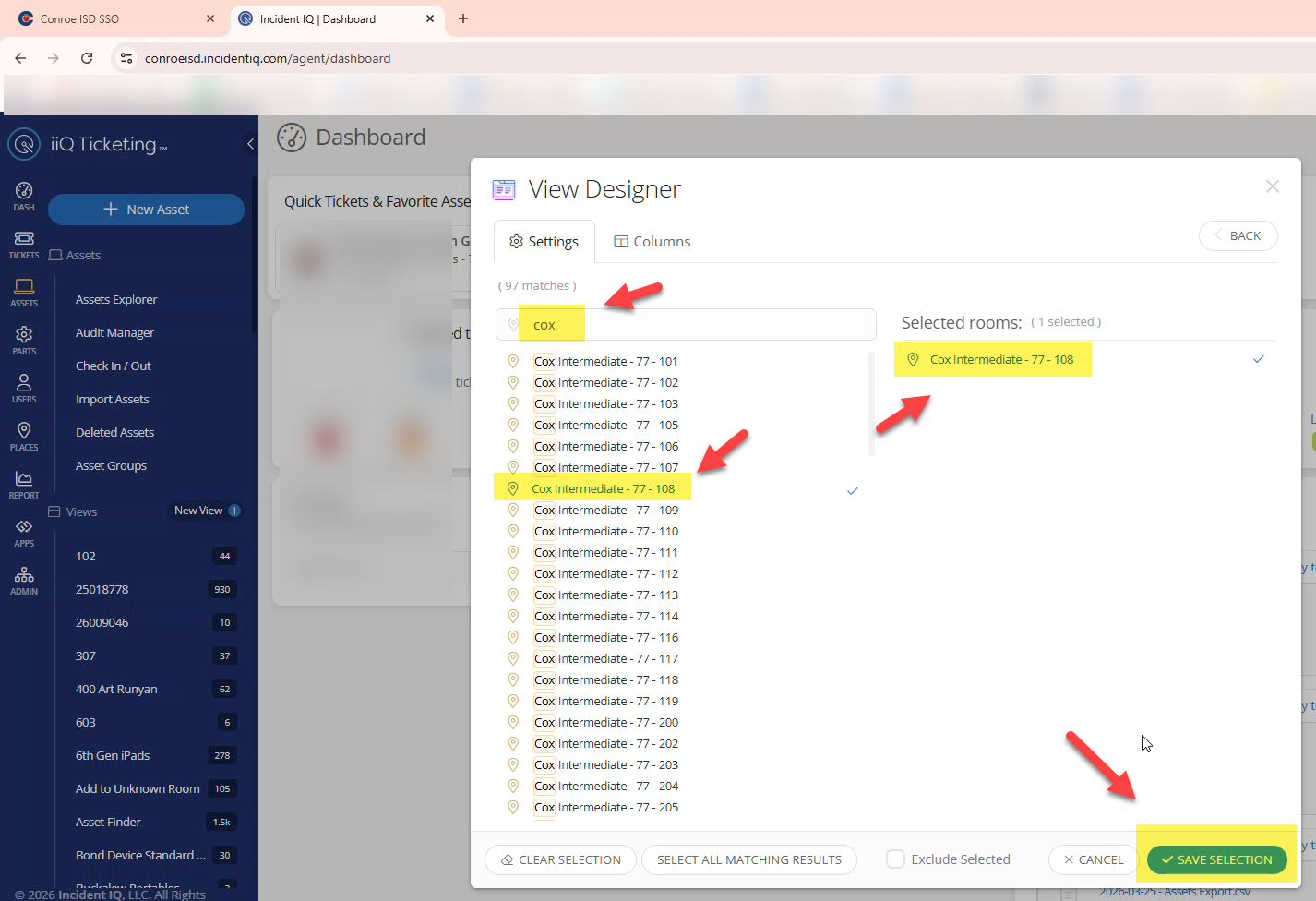 Room filter search bar with a room number selected and the Save Selection button highlighted.