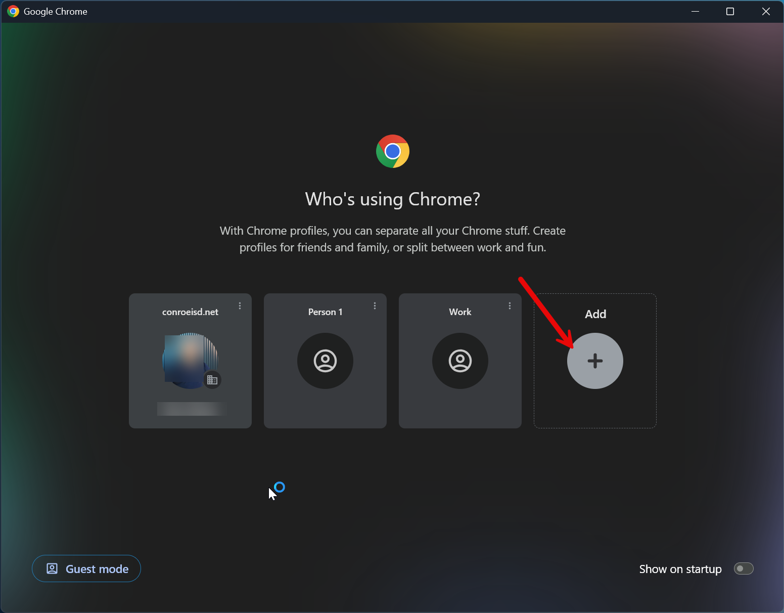 Chrome Profile Window with arrow pointing towards add