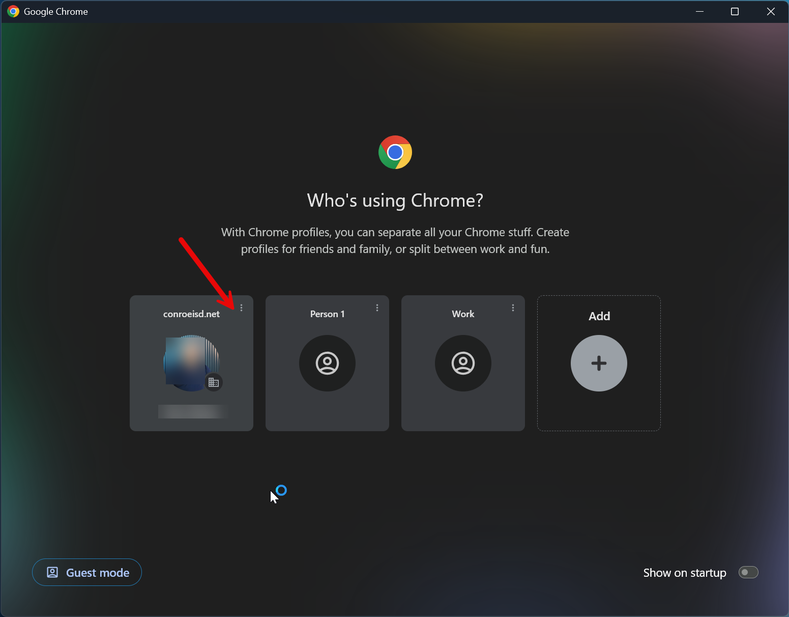 Chrome profile screen with an arrow pointing towards menu icon