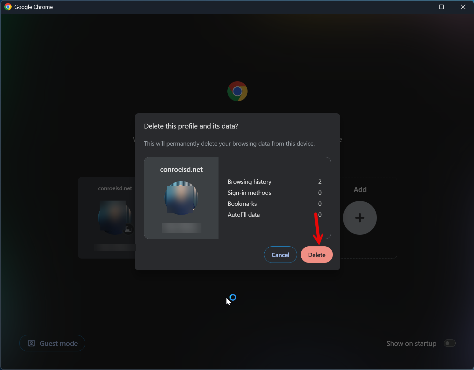 Delete this profile and its data dialog with arrow pointing towards Delete