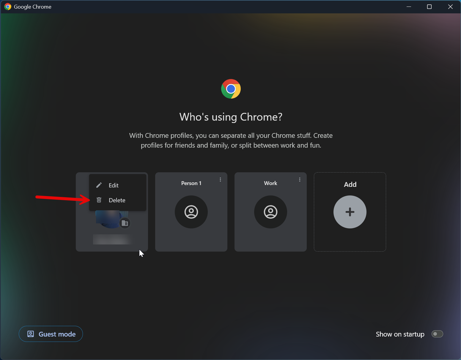 Chrome profile screen with arrow pointing towards Delete